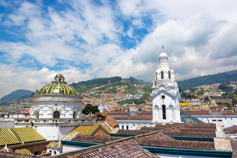 View from the roof of the cathedral with populated hills visible in the background in the historic colonial center of Quito, Ecuador